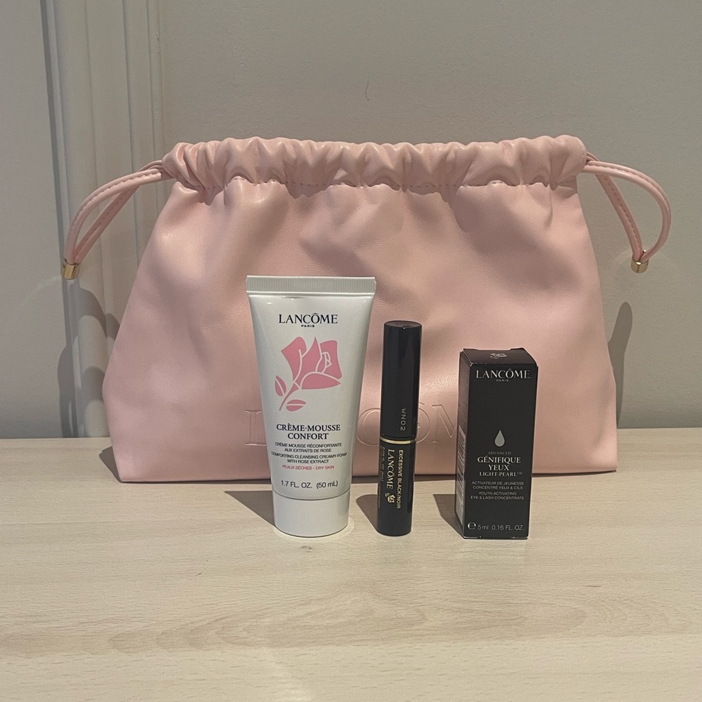 Lancôme makeup bag with Lancôme products